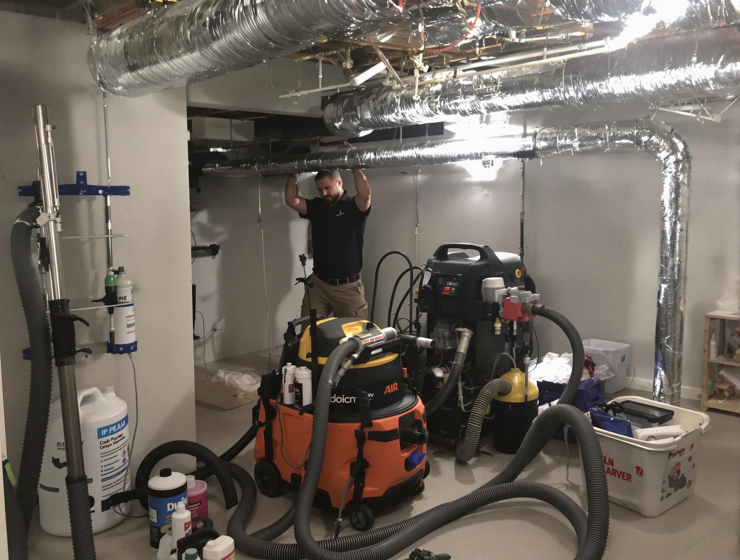Pleasant Hills Air Duct Cleaning specialist performing professional mold removal from air ducts using safety equipment in Pleasant Hills