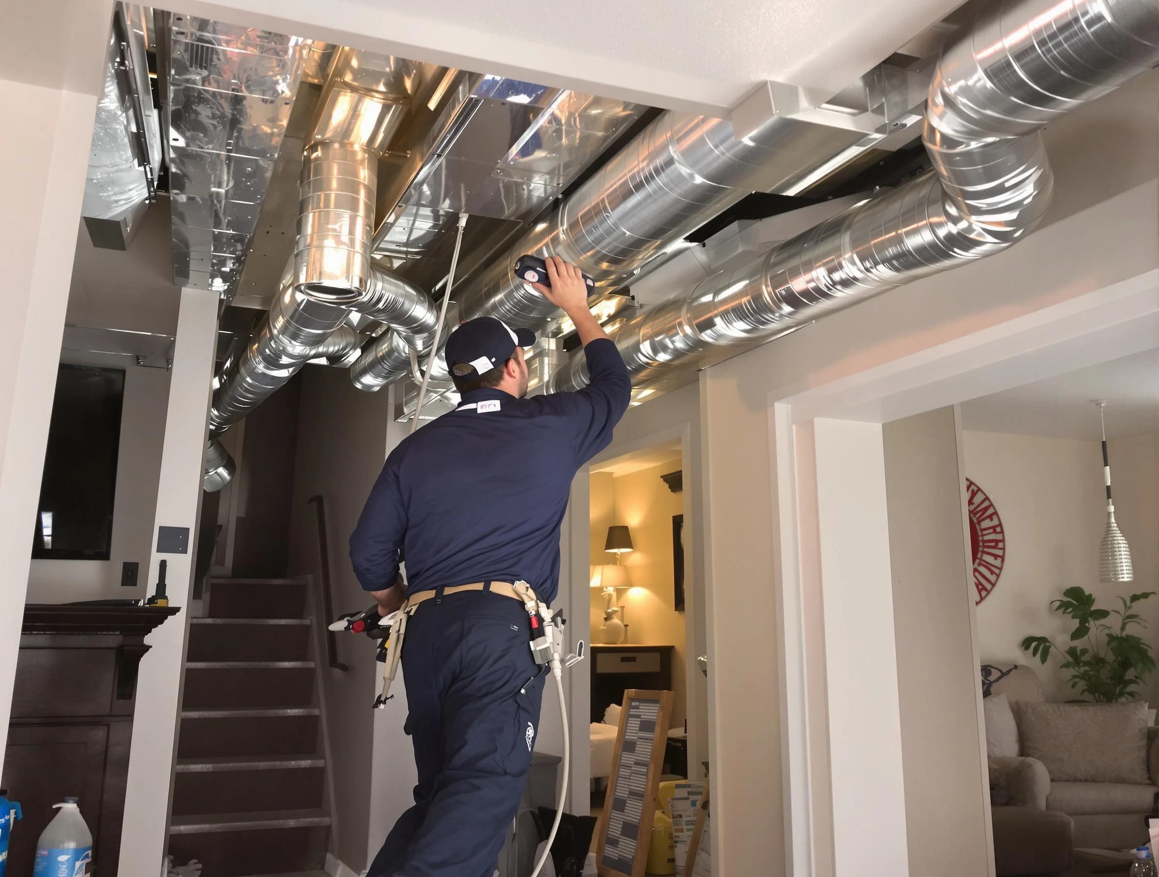 Pleasant Hills Air Duct Cleaning expert performing specialized duct cleaning in a mobile home in Pleasant Hills