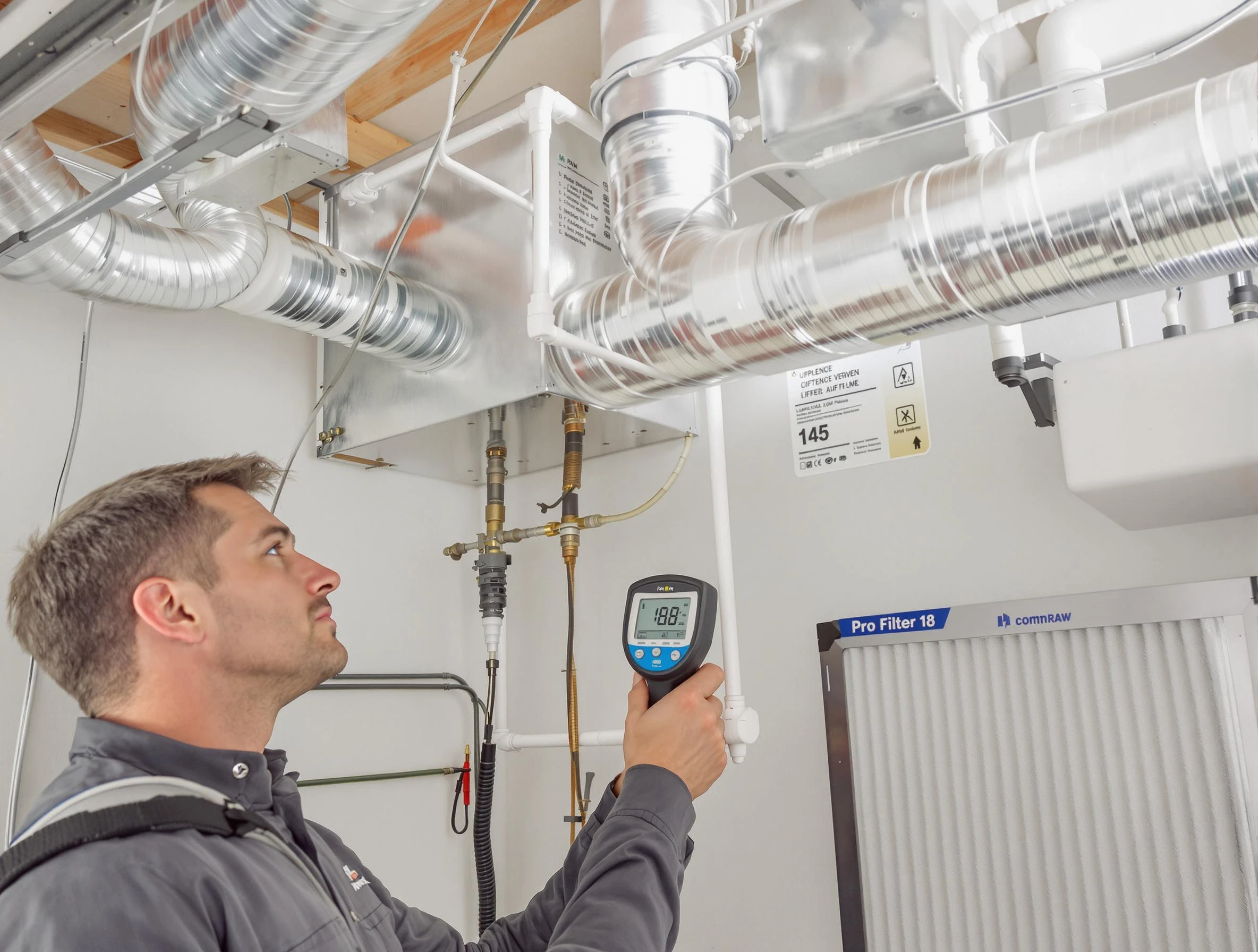 Pleasant Hills Air Duct Cleaning expert conducting detailed filter system inspection using diagnostic tools in Pleasant Hills